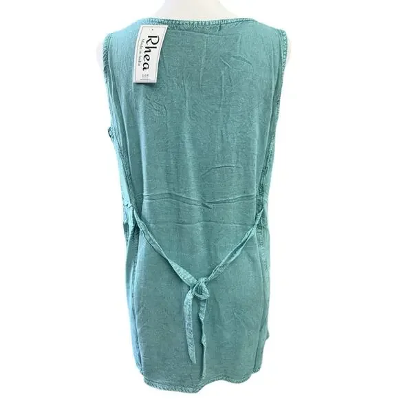 Rhea Boho Embroidered Tank Top Teal Tie Back One Size - Picture 3 of 8
